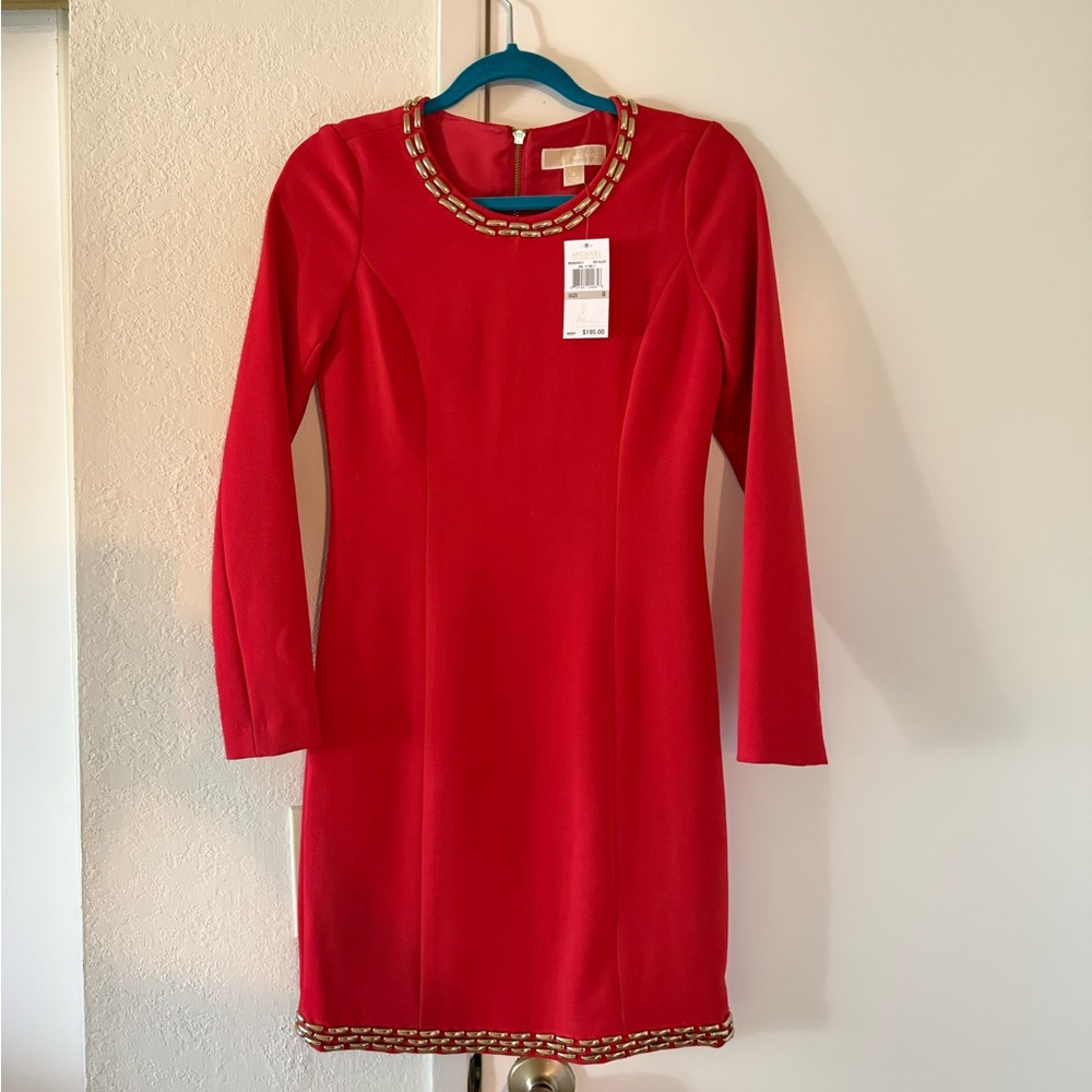 Michael Kors Red Long-Sleeve Sheath Dress with Chain-Trim Neckline